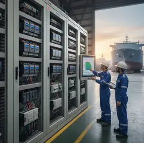 Planta industrial con tableros de control y maquinaria automatizada